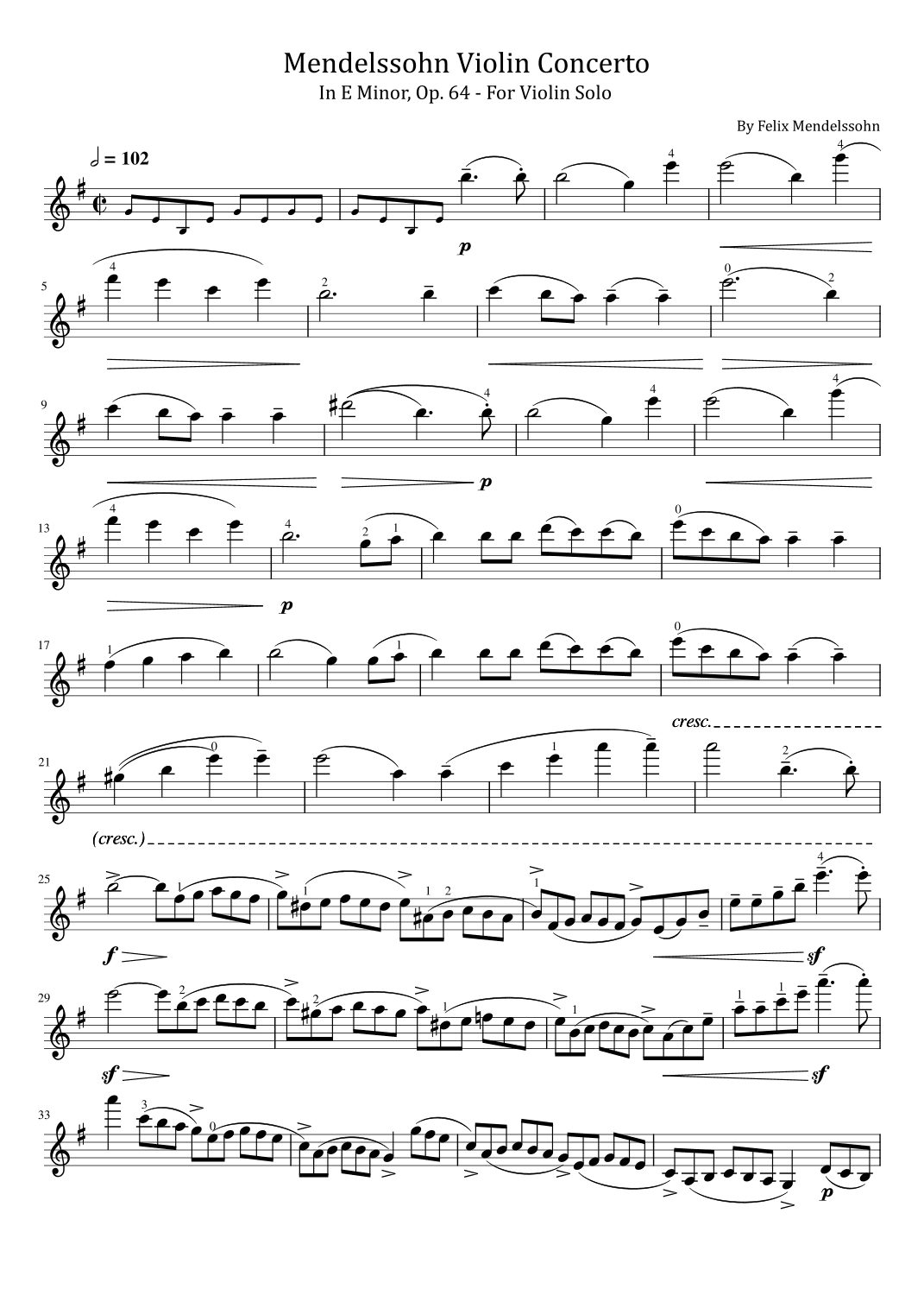 Mendelssohn - Violin Concerto In E Minor, Op.64 - For Violin Solo With Fingered (arr. poon)