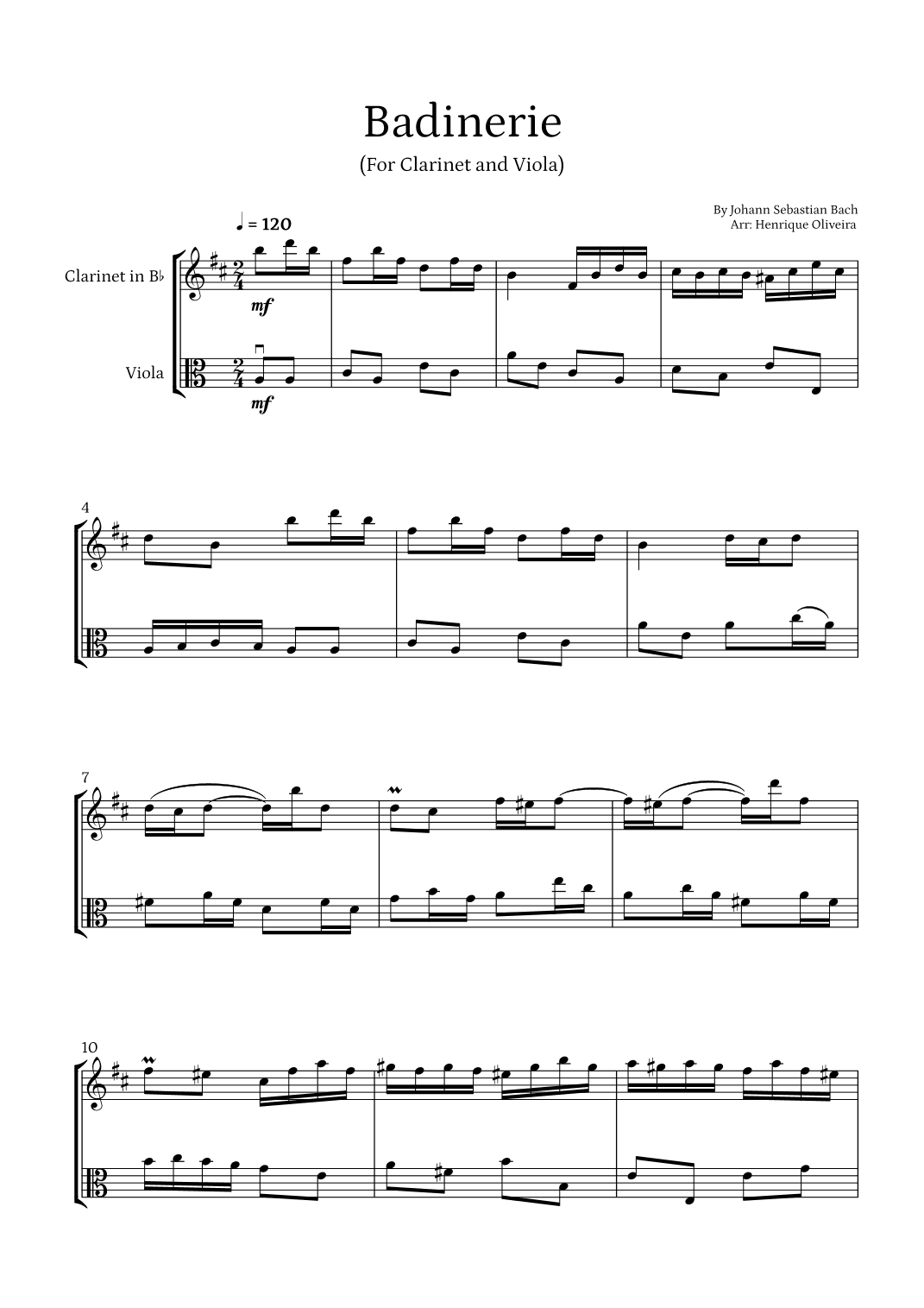 Badinerie by J. S. Bach (For Clarinet and Viola) (arr. Henrique Oliveira)
