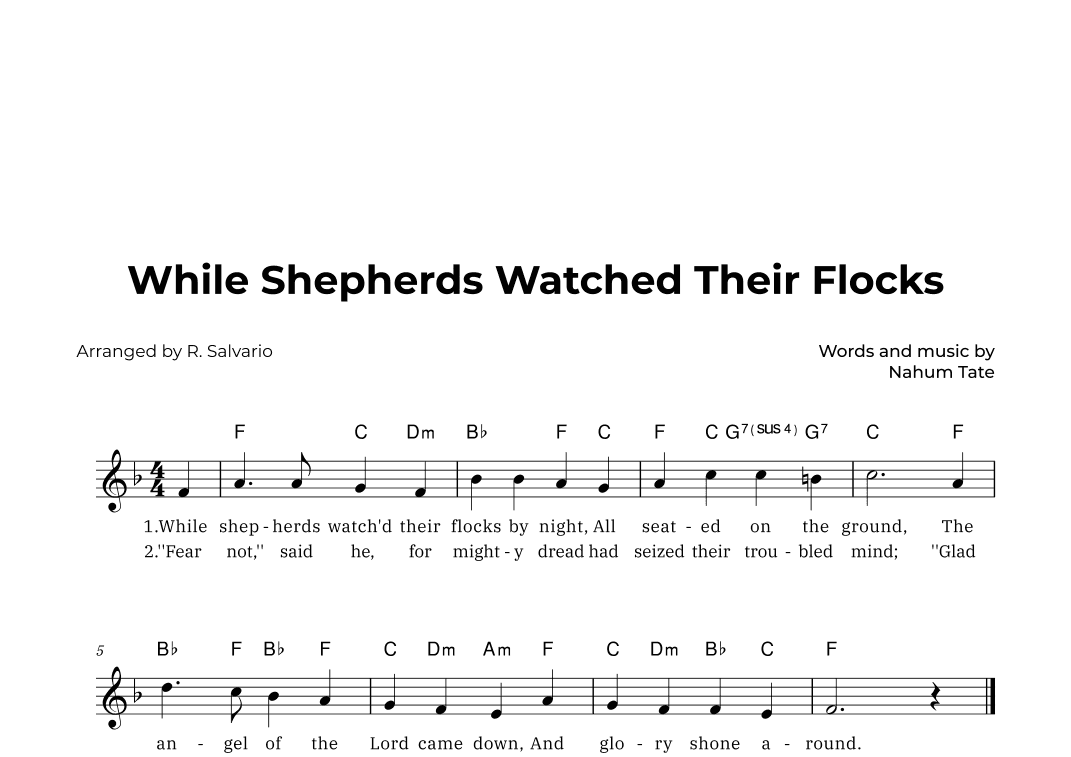While Shepherds Watched Their Flocks (Key of F Major) (arr. R. Salvario)