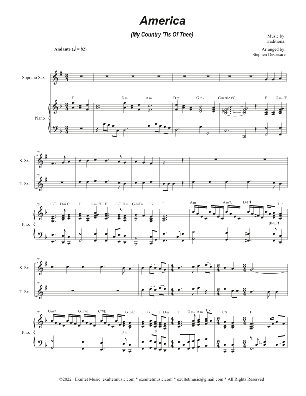 America (My Country, 'Tis of Thee) (Duet for Soprano and Tenor Saxophone) (arr. Stephen DeCesare)