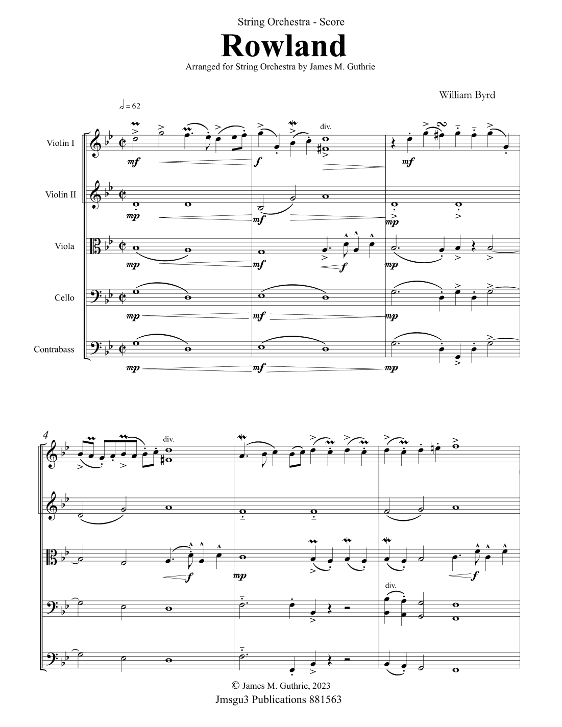 Byrd: Rowland for String Orchestra (arr. James M. Guthrie)