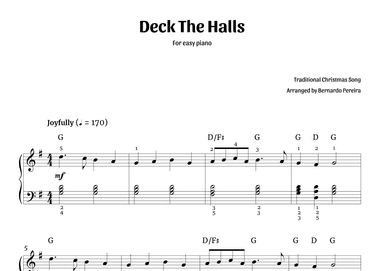 Deck The Halls (easy piano in G major – with chords) (arr. Bernardo Pereira)