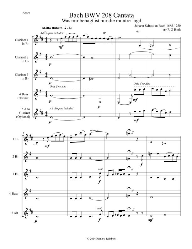 Bach BWV 208 Aria May Sheep Safely Graze Cantata (arr. R G Roth)