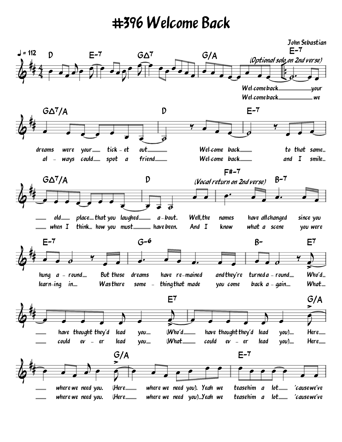 Welcome Back (arr. John Fries)