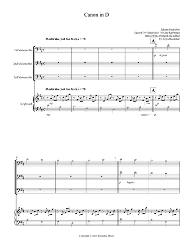 Canon in D (Pachelbel) (D) (Violoncello Trio, Keyboard) (arr. Regis Bookshar)