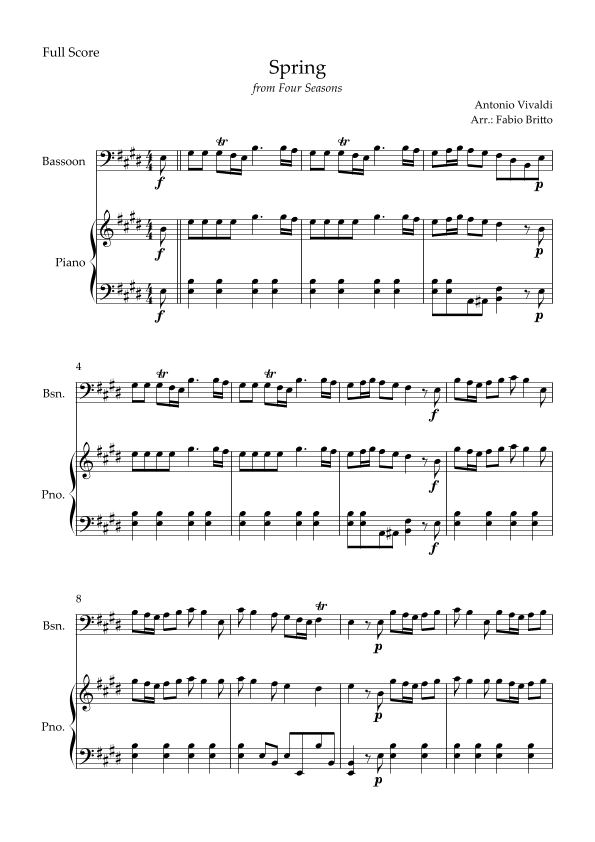 Spring (from Four Seasons of Antonio Vivaldi) for Bassoon Solo and Piano Accompaniment (arr. Fabio Britto)