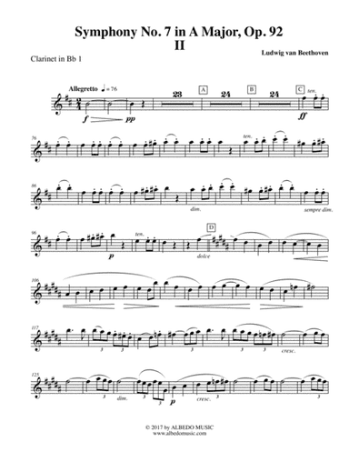 Beethoven Symphony No. 7, Movement II - Clarinet in Bb 1 (Transposed Part), Op. 92 (arr. Doug Clyde)