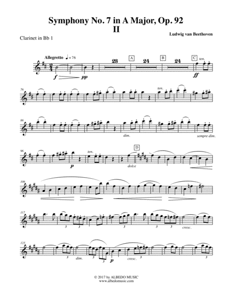 Beethoven Symphony No. 7, Movement II - Clarinet in Bb 1 (Transposed Part), Op. 92 (arr. Doug Clyde)