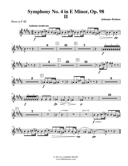 Brahms Symphony No. 4, Movement II - Horn in F 3 (Transposed Part), Op. 98 (arr. Doug Clyde)
