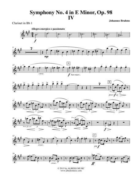Brahms Symphony No. 4, Movement IV - Clarinet in Bb 1 (Transposed Part), Op. 98 (arr. Doug Clyde)