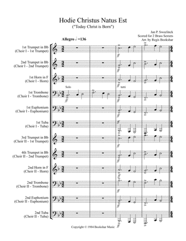Hodie Christus Natus Est (2 Brass Sextets - 4 Trp, 2 Hrn, 2 Trb, 2 Euph, 2 Tuba) (arr. Regis Bookshar)