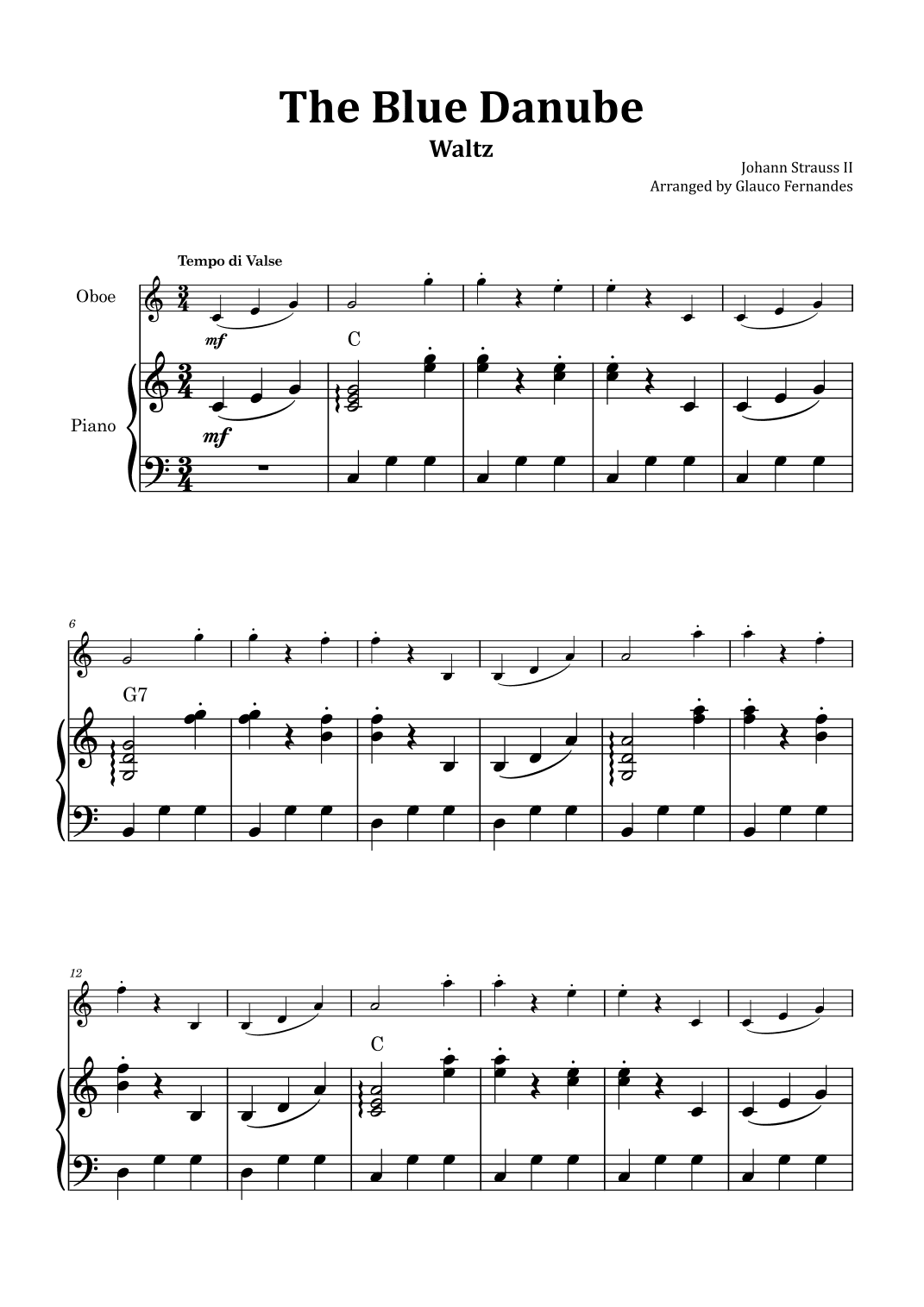 The Blue Danube - Oboe and Piano with Chord Notations (arr. Glauco Fernandes)