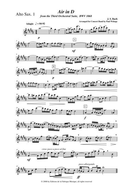 Johann Sebastian Bach/Wehage, Air in D from the Third orchestral suite, BWV 1068 arranged for concer (arr. Musik Fabrik Music Publishing)
