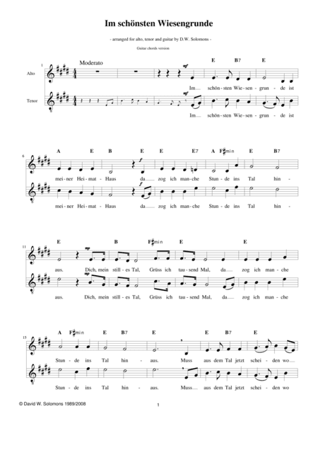 Im schönsten Wiesengrunde for alto, tenor and guitar-chords (arr. David Warin Solomons)