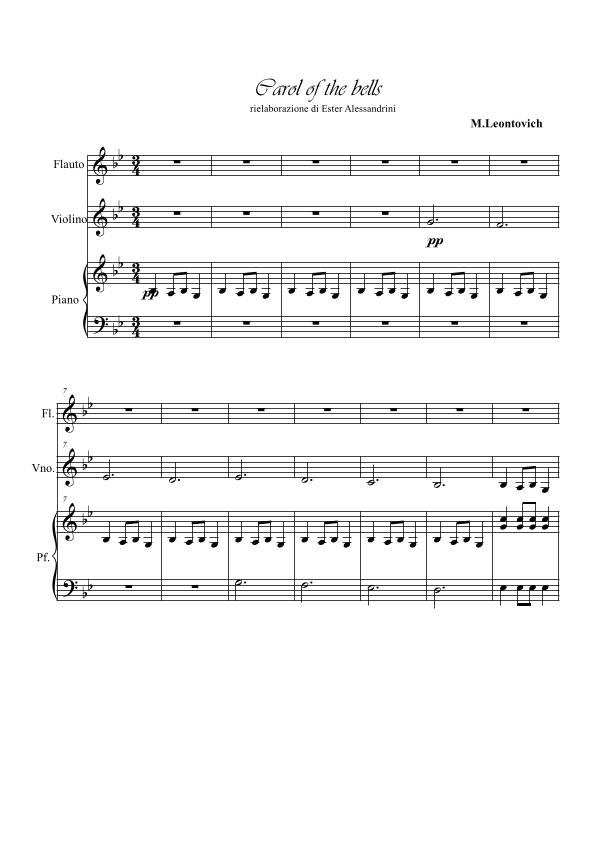 Carol of the bells. Trio flute, violin and piano (arr. Ester Alessandrini)