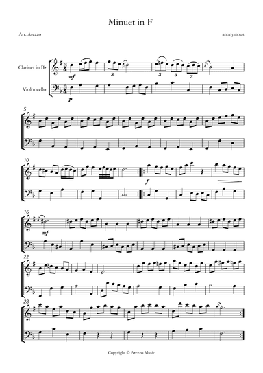 bwv anh 113 minuet in F sheet music Clarinet and Cello (arr. Arezzo Music)