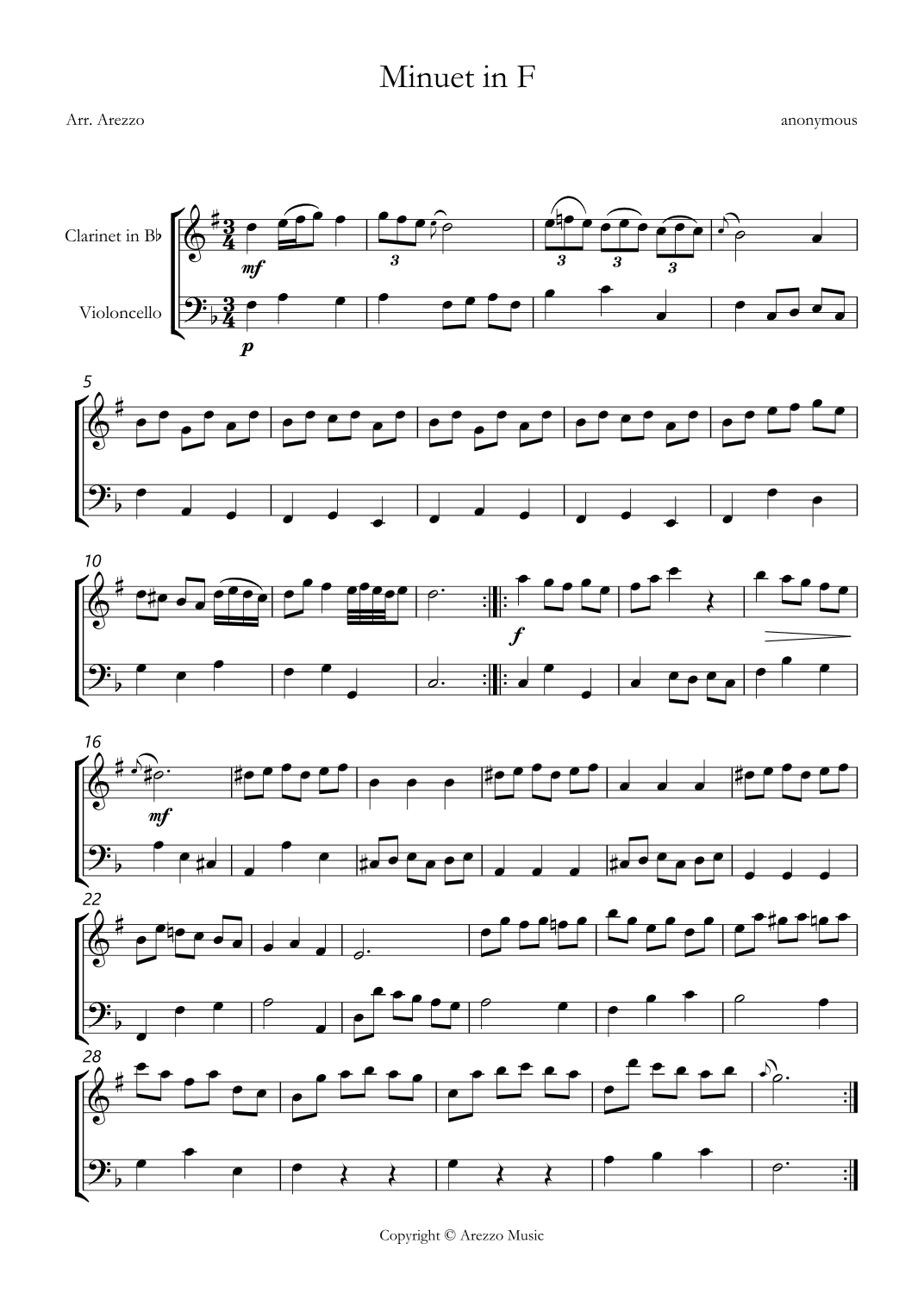 bwv anh 113 minuet in F sheet music Clarinet and Cello (arr. Arezzo Music)