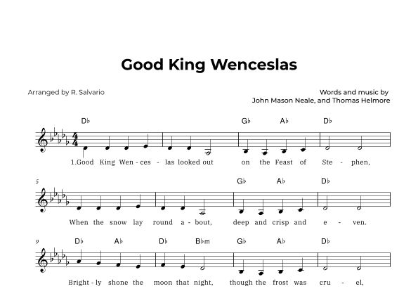 Good King Wenceslas (Key of D-Flat Major) (arr. R. Salvario)