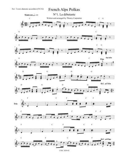 A  french fresh polka, for 3 rows diatonic accordion (F-C-G). The first among 12 polkas