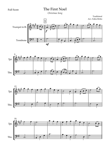 The First Noel (Christmas Song) for Trumpet in Bb & Trombone Duo (arr. Fabio Britto)