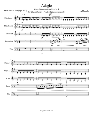 Adagio from Concerto in d for Oboe - A Marcello transcr. JS Bach (Brass Quintet) (arr. Peet du Toit)