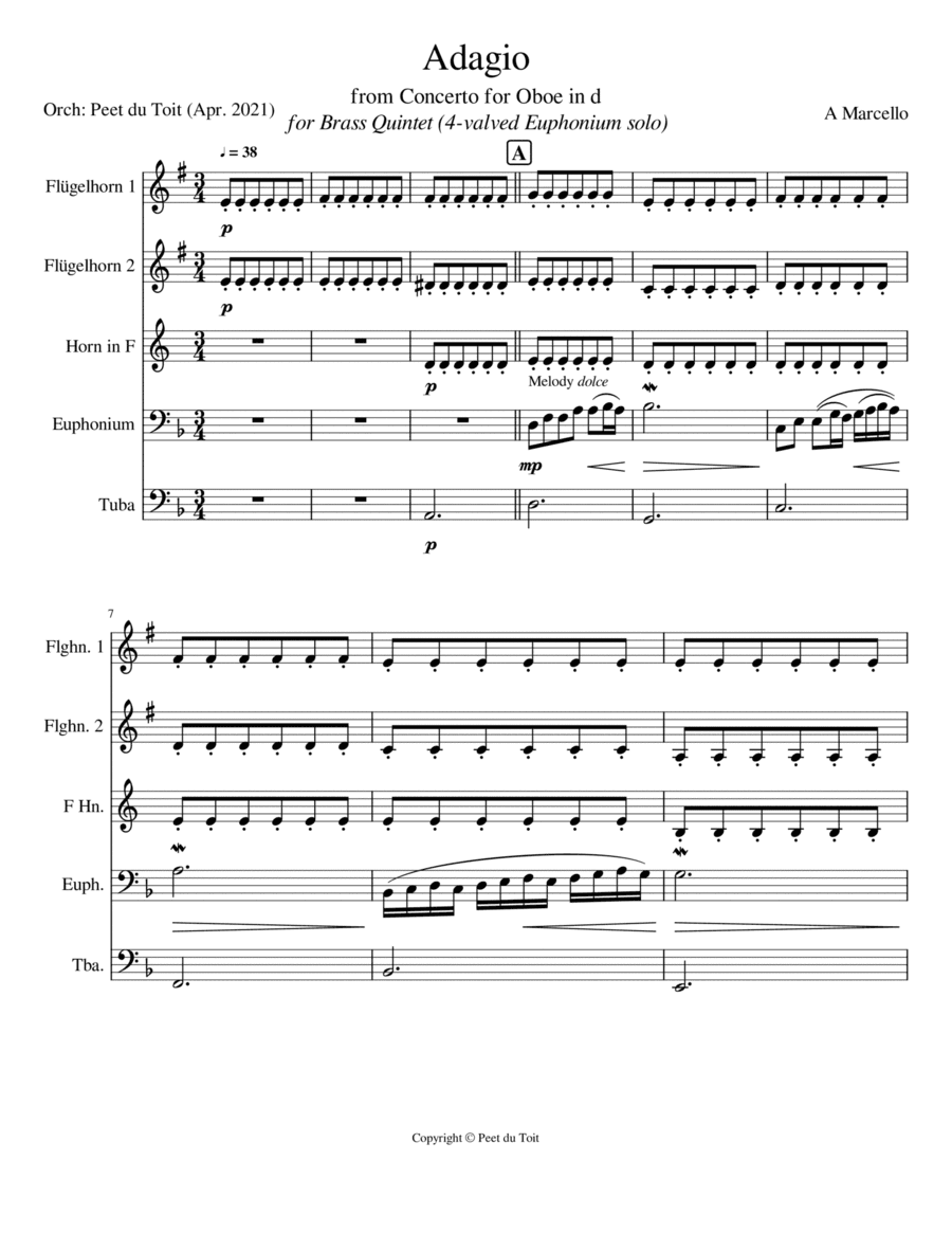 Adagio from Concerto in d for Oboe - A Marcello transcr. JS Bach (Brass Quintet) (arr. Peet du Toit)