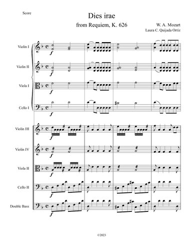 Dies irae, from W. A. Mozart's Requiem. Double string orchestra. Score & parts. (arr. Laura C. Quijada Ortíz)