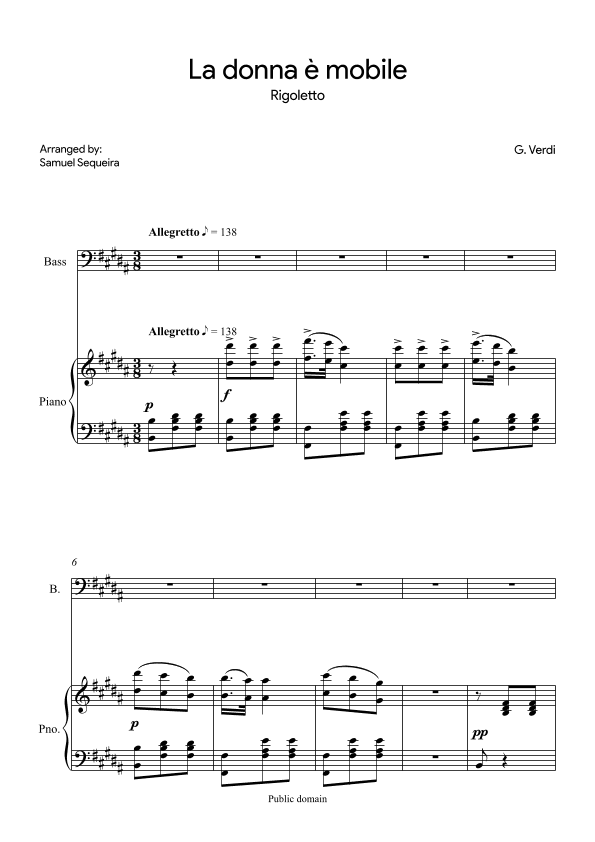 La donna è mobile - for Bass - in B (arr. Samuel Sequeira)