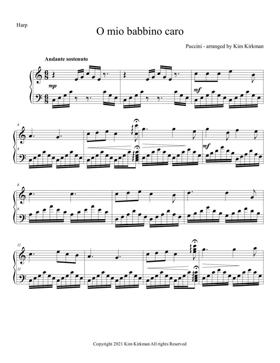 O mio babbino caro - Puccini - for solo harp (no levers required!) (arr. Kim Kirkman)