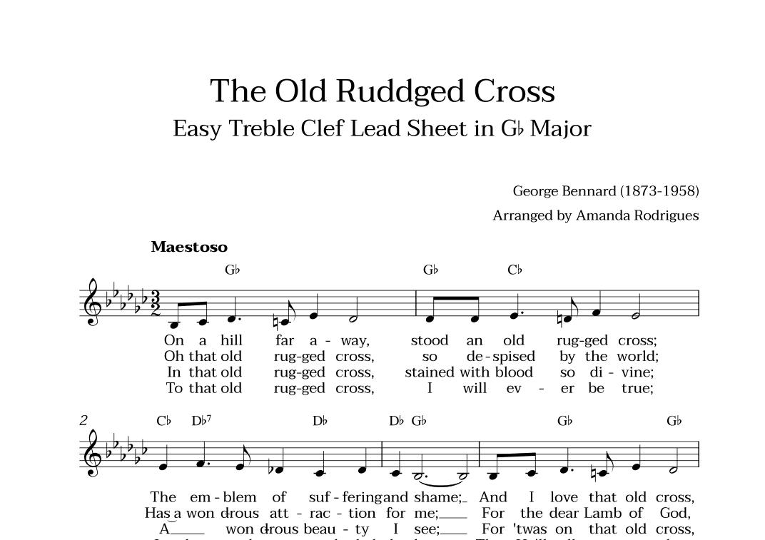 The Old Rugged Cross in Gb Major - Easy Treble Clef Lead Sheet (arr. Amanda Cerqueira Rodrigues)