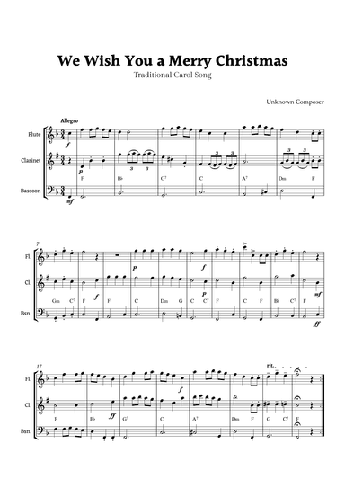 We Wish you a Merry Christmas for Woodwind Trio with Chords (arr. Rika K.)
