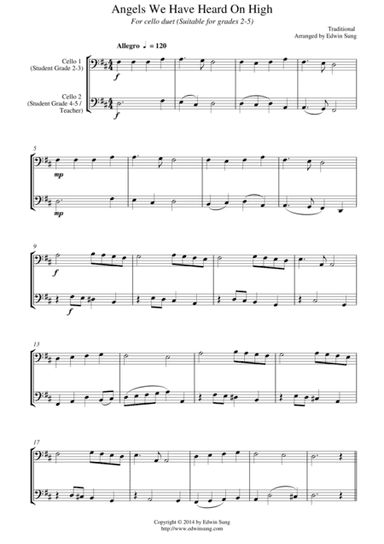 Angels We Have Heard On High (for cello duet, suitable for grades 2-5) (arr. Edwin Sung)