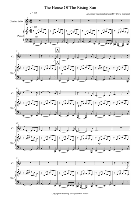 House of the Rising Sun for Clarinet and Piano (arr. David Burndrett)