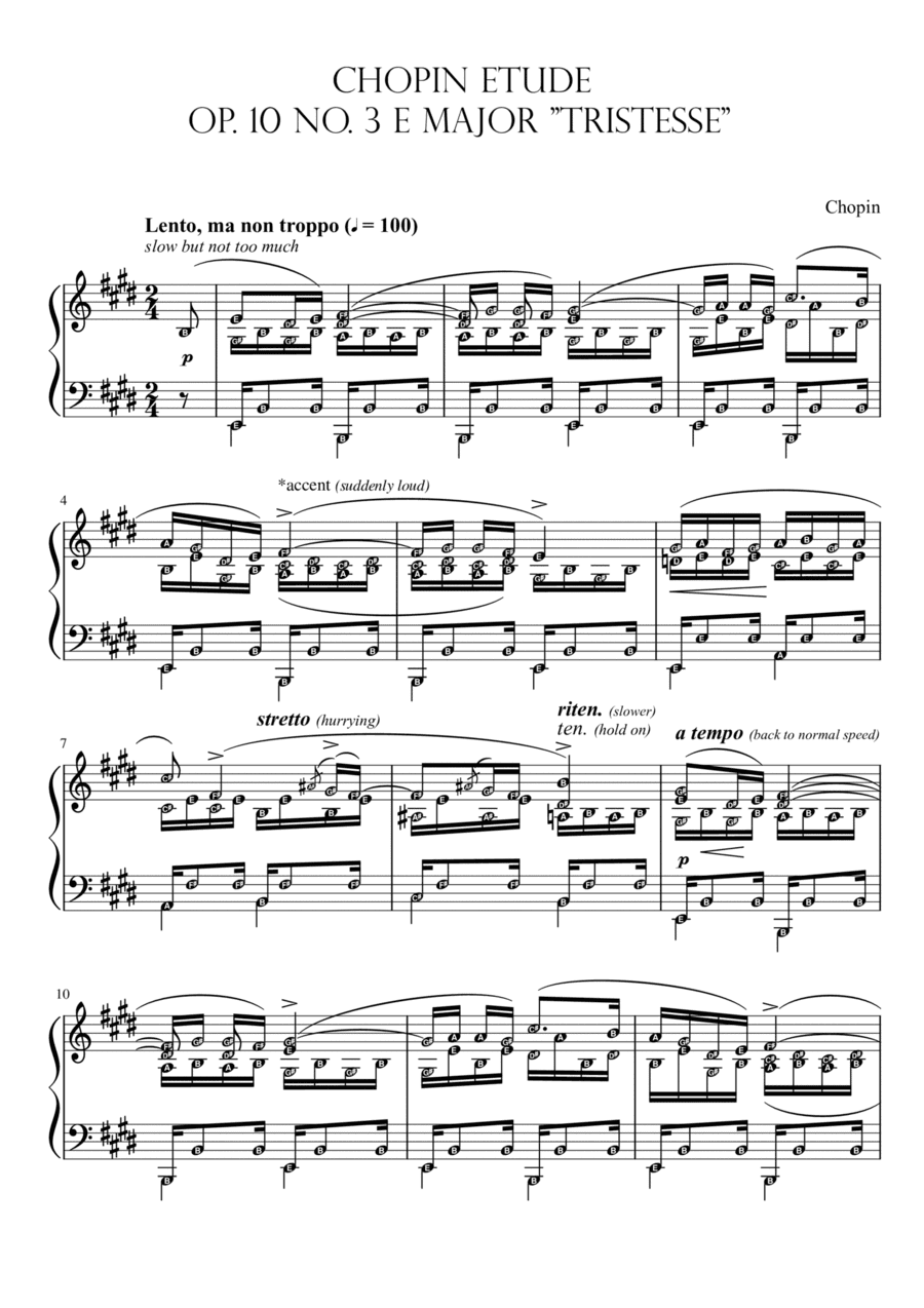 Etude Op. 10 No. 3 Tristesse (Chopin) | Piano Solo Grade 7 with note names & meanings (arr. Published Harmony Valarie)