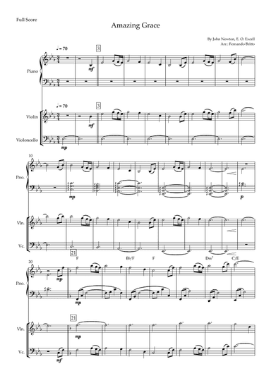 Amazing Grace (John Newton, E. O. Excell) for Violin & Cello Duo and Piano Accompaniment with Chords (arr. Fernando Britto)