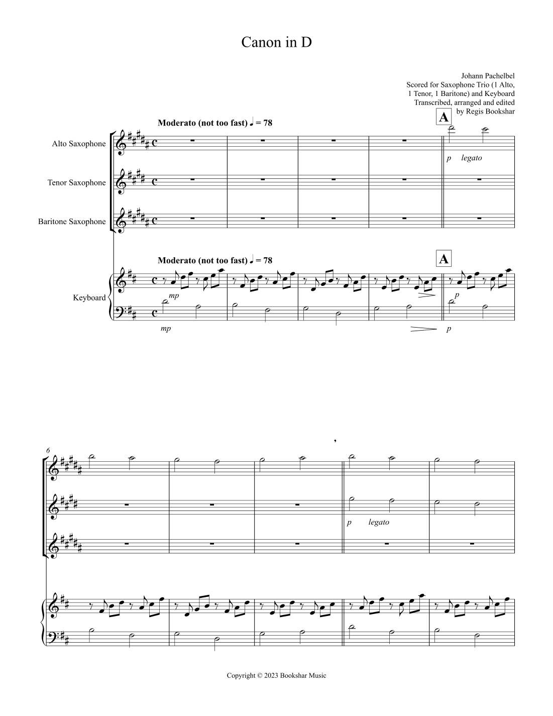 Canon in D (Pachelbel) (D) (Saxophone Trio - 1 Alto, 1 Tenor, 1 Bari), Keyboard) (arr. Regis Bookshar)