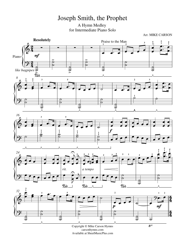 Joseph Smith, the Prophet (Hymn Medley for Intermediate PIANO SOLO) (arr. Mike Carson)