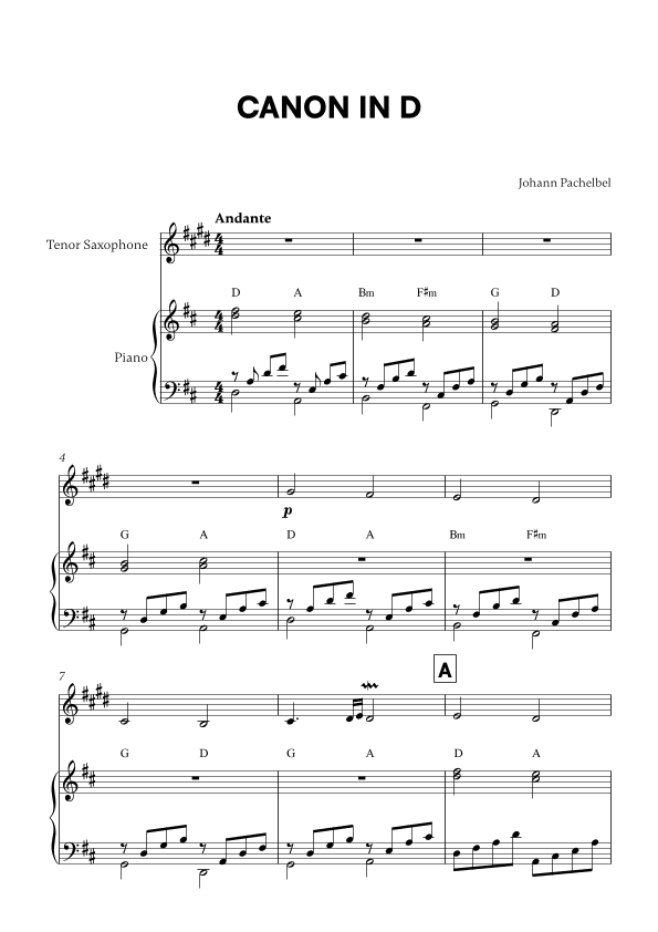 Canon in D (for Tenor Saxophone and Piano) (arr. Cadenza Editions)
