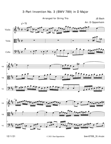 Bach: 3-Part Invention No. 3 (BWV 789) in D Major; arr. to String Trio (arr. Dan Oppenheim)