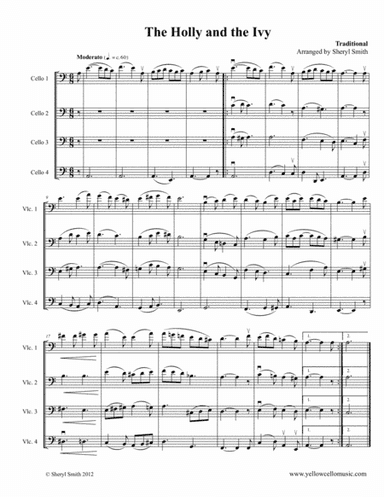 The Holly and The Ivy, a traditional hymn arranged for four intermediate cellos (cello quartet) (arr. Yellow Cello Music)
