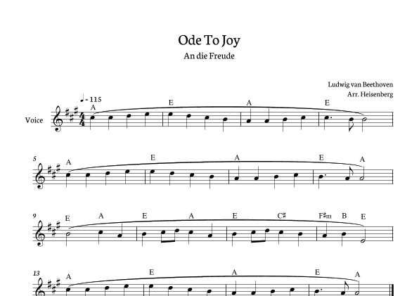 Beethoven - Ode To Joy for voice with chords in A (Lyrics in English) (arr. Heisenberg)