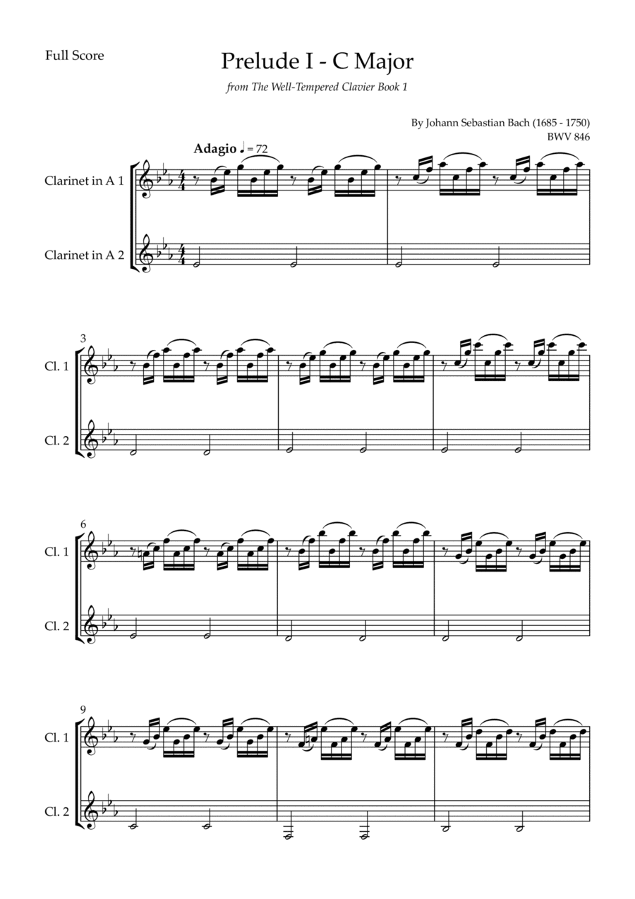 Prelude 1 in C Major BWV 846 (from Well-Tempered Clavier Book 1) for Clarinet in A Duo (arr. Fabio Britto)