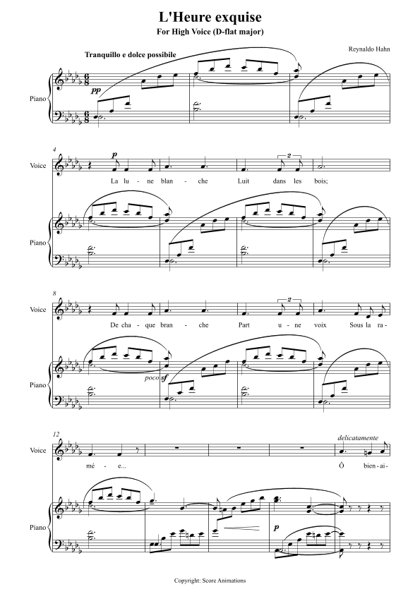 "L'heure exquise" for High Voice (D-flat major) (arr. Score Animations)