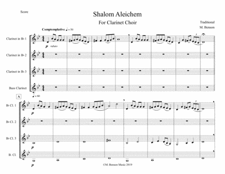 Shalom Aleichem for Clarinet Quartet/Choir (arr. Mike Benson)