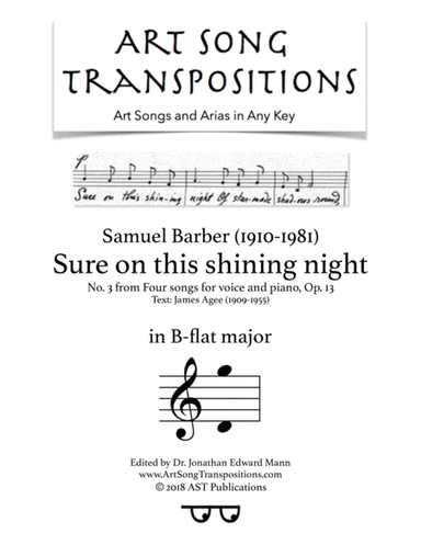 Sure On This Shining Night, Op. 13, No. 13 (arr. ArtSongTranspositions.com)
