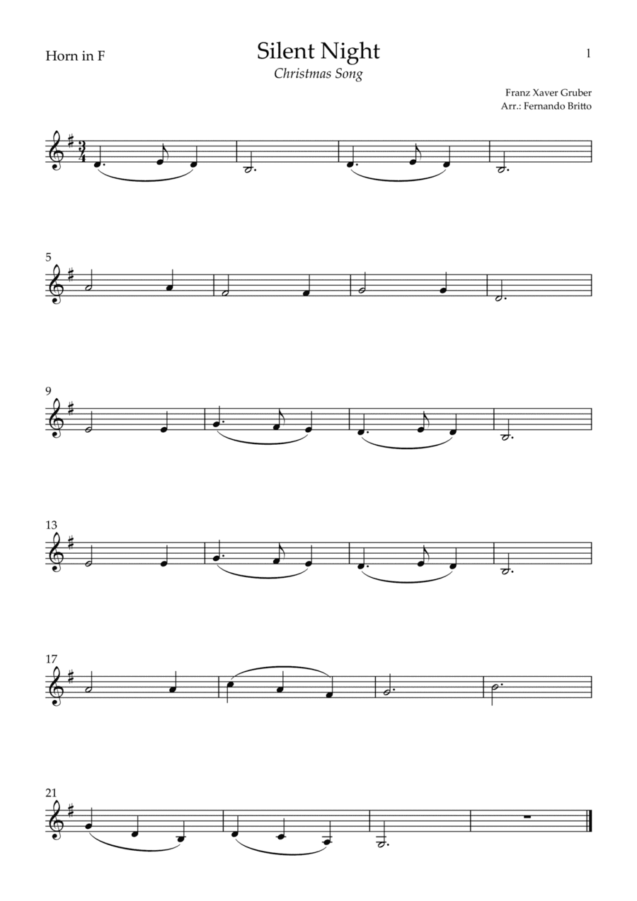Silent Night (Christmas Song) for Horn in F Solo (C Major) (arr. Fernando Britto)