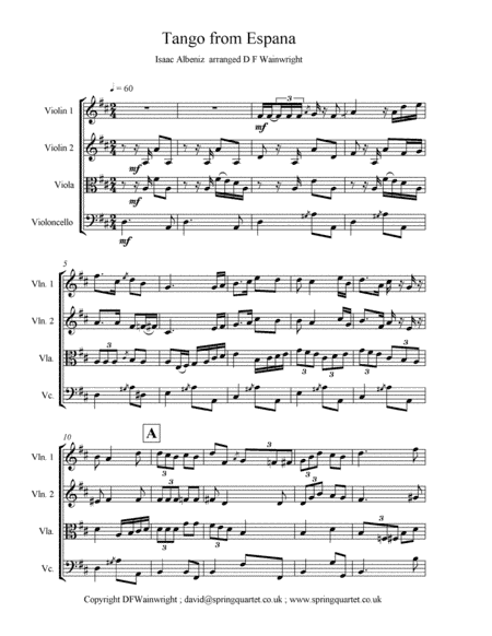 Tango from Espana by Albeniz arranged for string quartet with score, parts, rehearsal letters (arr. D F Wainwright)