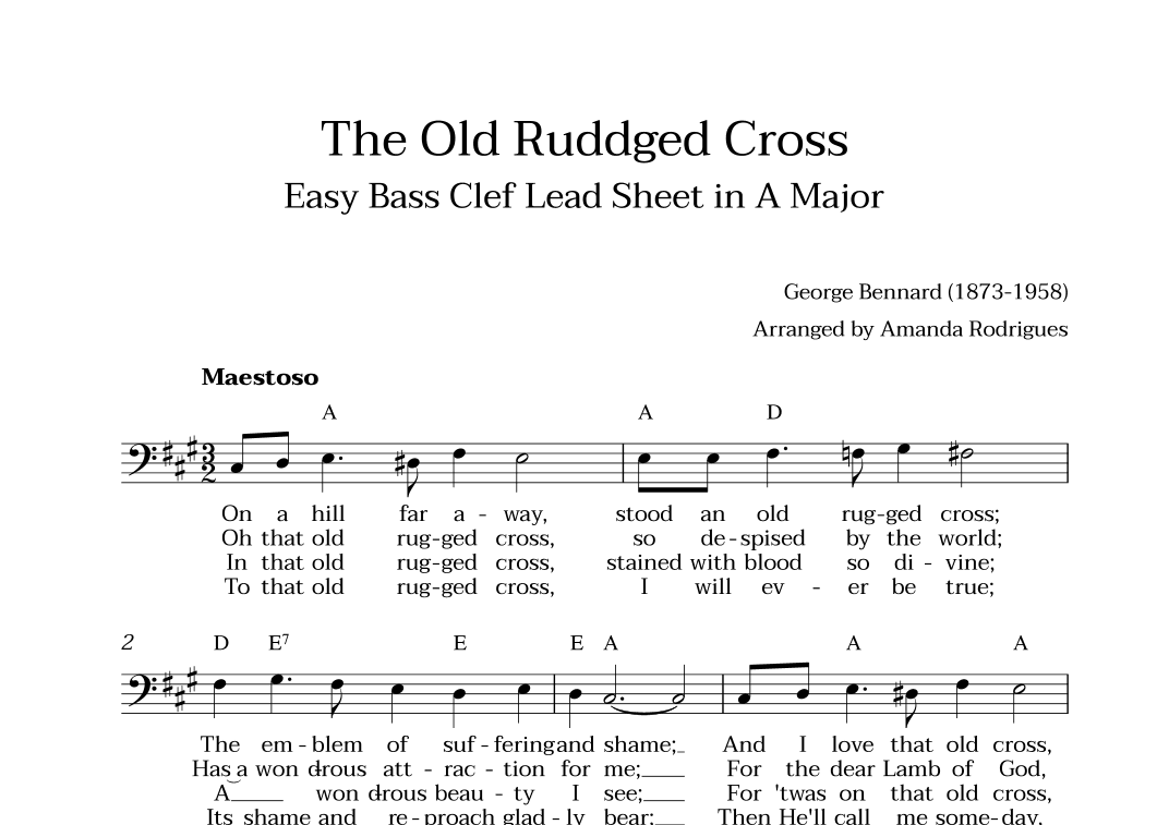 The Old Rugged Cross in A Major - Easy Bass Clef Lead Sheet (arr. Amanda Cerqueira Rodrigues)