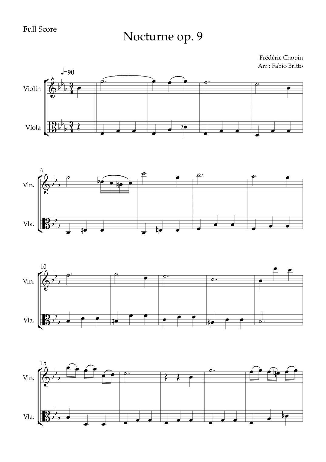 Nocturne Op.9 No. 2 (Frédéric Chopin) for Violin & Viola Duo (arr. Fabio Britto)