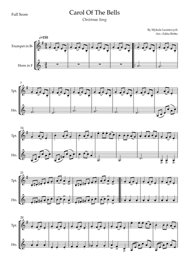 Carol Of The Bells (Christmas Song) for Trumpet in Bb & Horn in F Duo (D Minor) (arr. Fabio Britto)